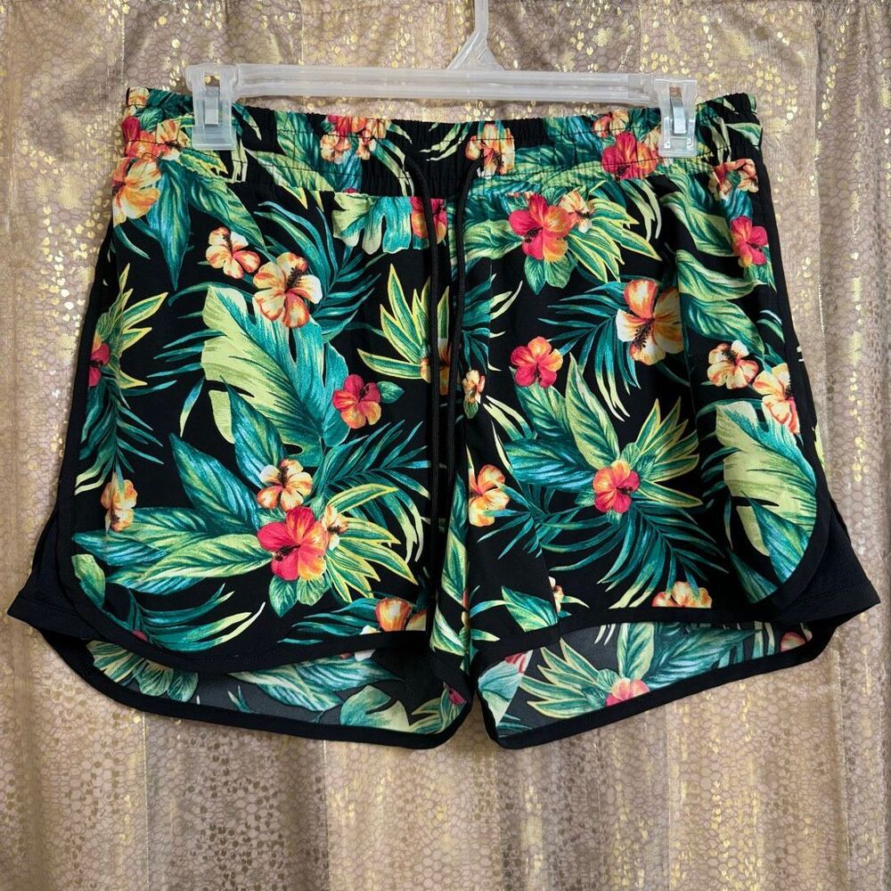 Ideology Green Black Hibiscus Tropical Print Running Shorts XL